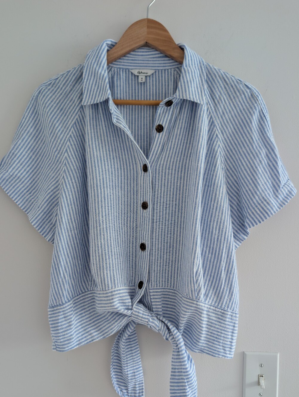 Reitmans Blue & White Striped Tie-Front Button-Up Shirt